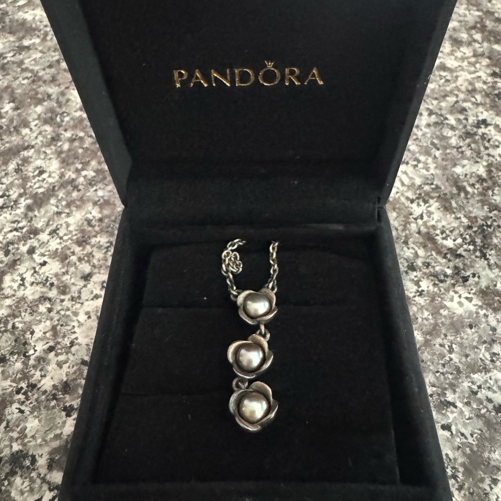 Sterling Silver Pandora Three Wishes Drop Flower Necklace 17.5"